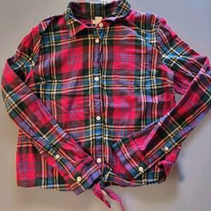Crewcuts girls shirt button up flanell‎ red green multicolor plaid tie hem 12
